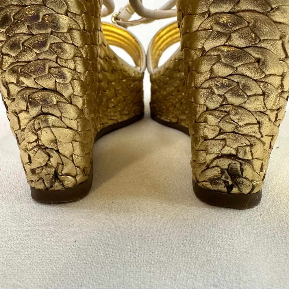 Coach Gold Woven Platform Wedge Sandals Size 8 Cream Leather Strappy